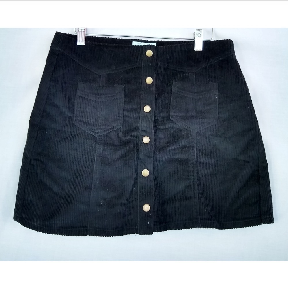She + Sky Black Corduroy Mini Skirt with Gold Buttons